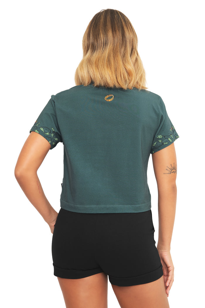 Back view of the BlackMilk Lord of the Rings Greetings From Hobbiton Baby Tee, showing the relaxed cropped silhouette in soft blue cotton.