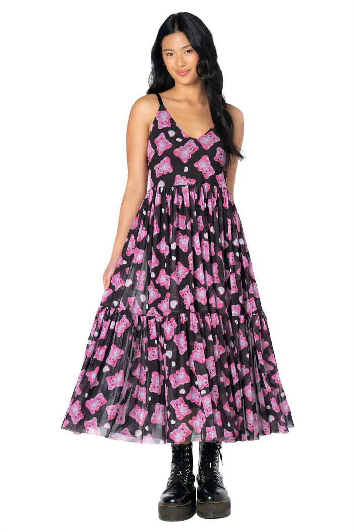 Black sheer mesh midaxi dress with colourful pink gummy bear artwork, adjustable shoulder straps, lightweight layered fabric and a flattering flowing silhouette.