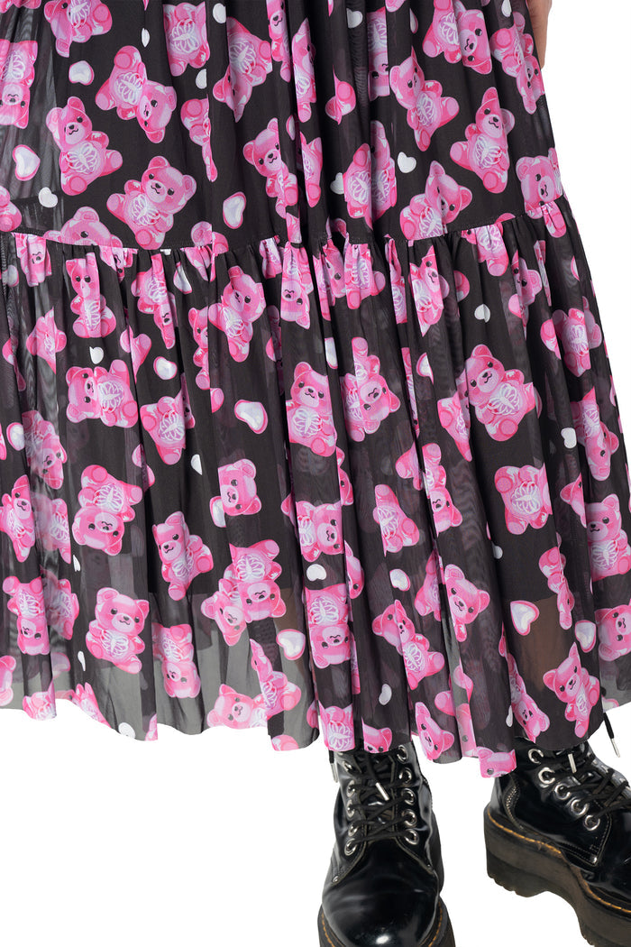 Lightweight black mesh dress with an all-over gummy bear print, sheer layered design, adjustable straps and an elegant mid-calf midaxi length for statement everyday wear.
