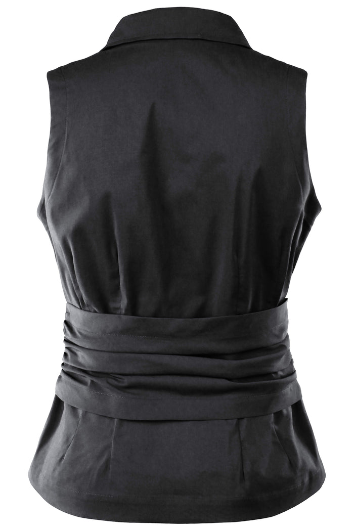 Black sleeveless jacket with a belt on a white background