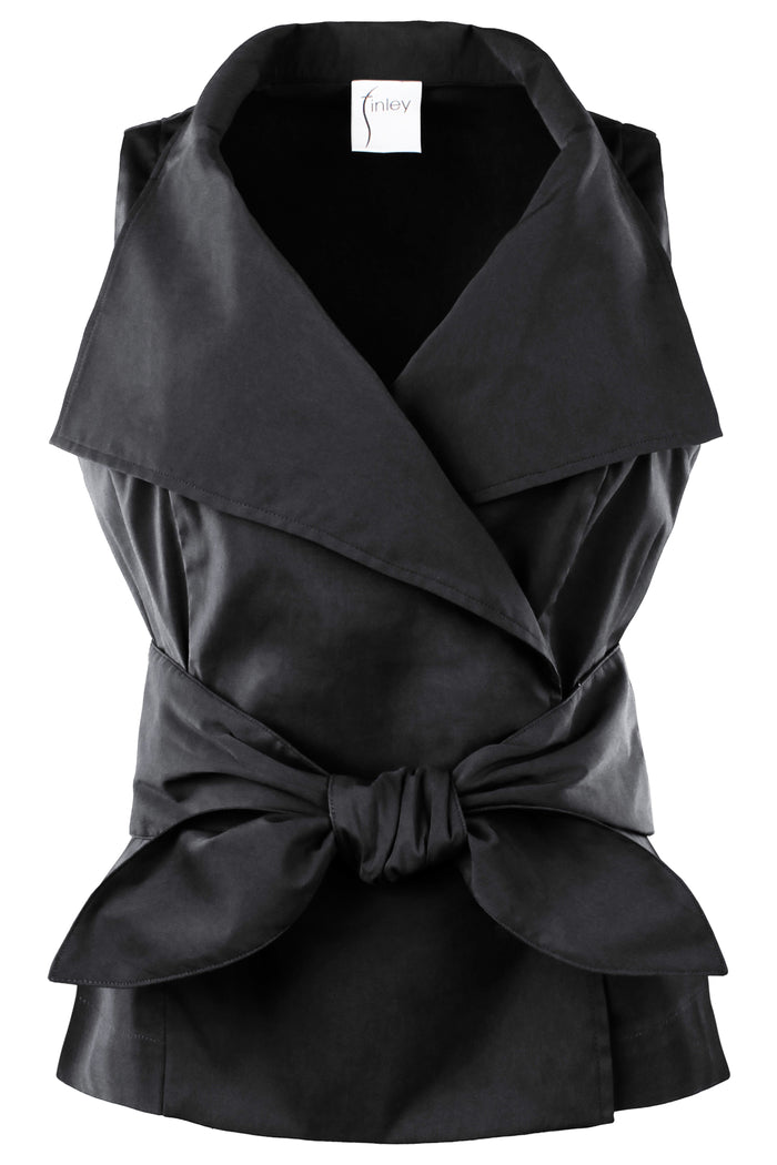 Black sleeveless top with a bow detail on a white background