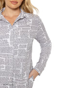 ACOTAR series Hello Feyre darling long sleeve shirt, inspired by A Court of Thorns and Roses books by Sarah J Maas, featuring repeated Rhysand quote print, button front, structured collar and cuffed sleeves