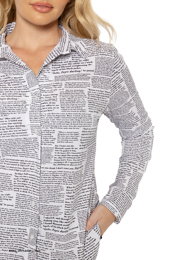 ACOTAR series Hello Feyre darling long sleeve shirt, inspired by A Court of Thorns and Roses books by Sarah J Maas, featuring repeated Rhysand quote print, button front, structured collar and cuffed sleeves
