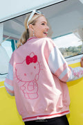 Hello Kitty Merchandise - Official Sanrio Products - Licensed Apparel - Kawaii Fashion - Womens's Pastel Pink Long Sleeve Varsity Jacket