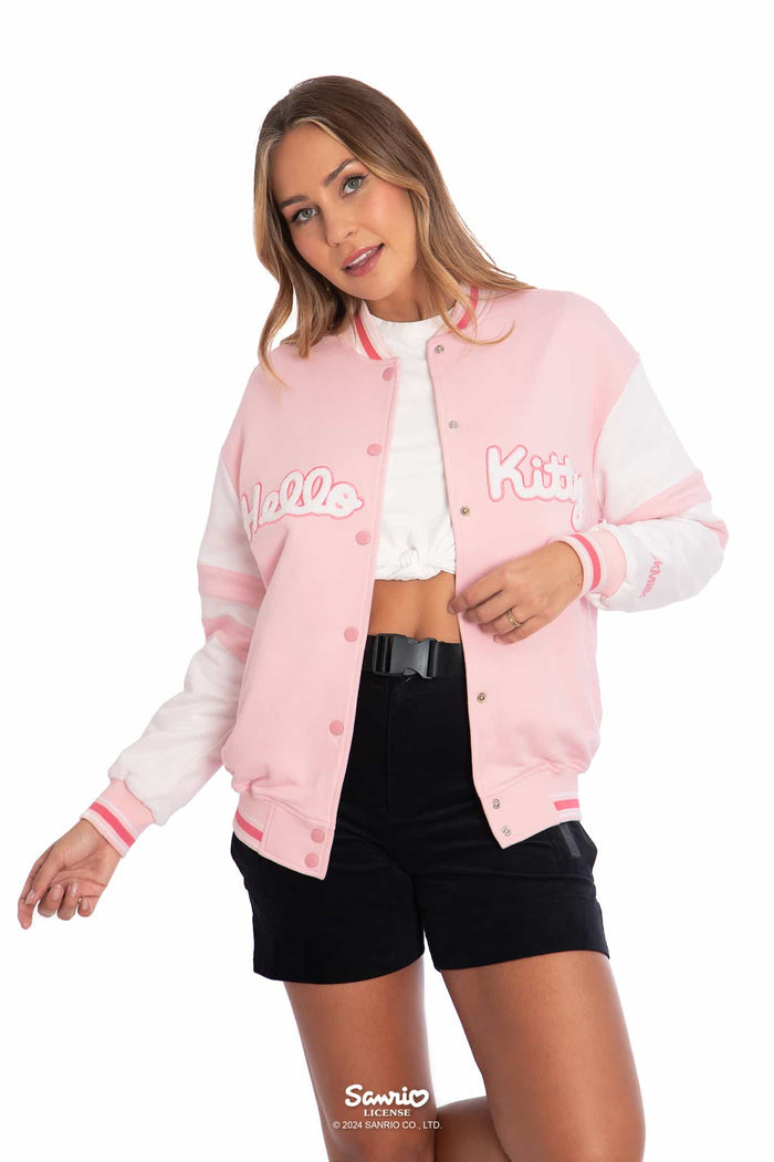 Hello Kitty Merchandise - Official Sanrio Products - Licensed Apparel - Kawaii Fashion - Womens's Pastel Pink Long Sleeve Varsity Jacket