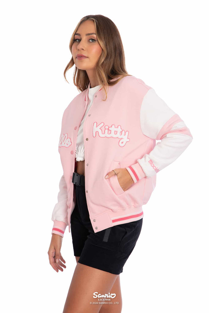 Hello Kitty Merchandise - Official Sanrio Products - Licensed Apparel - Kawaii Fashion - Womens's Pastel Pink Long Sleeve Varsity Jacket
