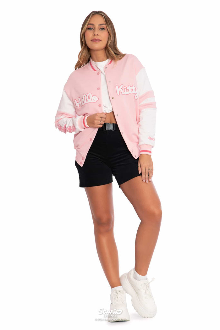 Hello Kitty Merchandise - Official Sanrio Products - Licensed Apparel - Kawaii Fashion - Womens's Pastel Pink Long Sleeve Varsity Jacket