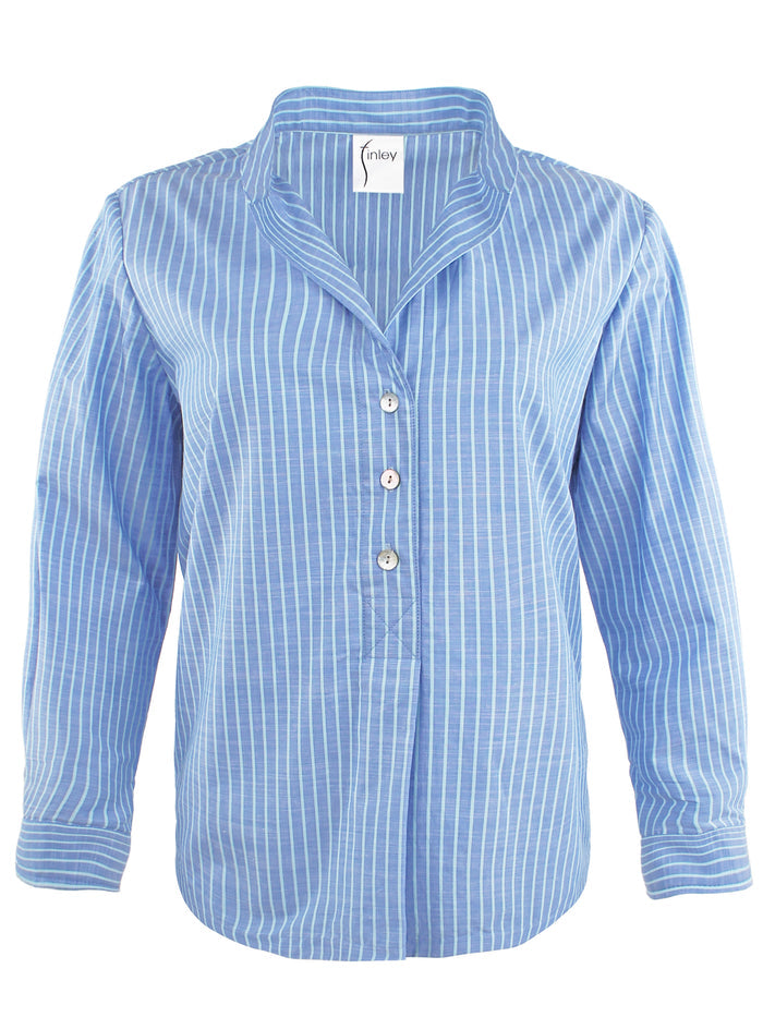 Blue and white striped shirt on a white background