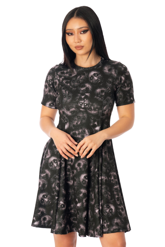 BlackMilk Horror Bound Longline Evil Tee Dress – black ghost and skull print longline Halloween tee dress, part of the BlackMilk Clothing Halloween collection