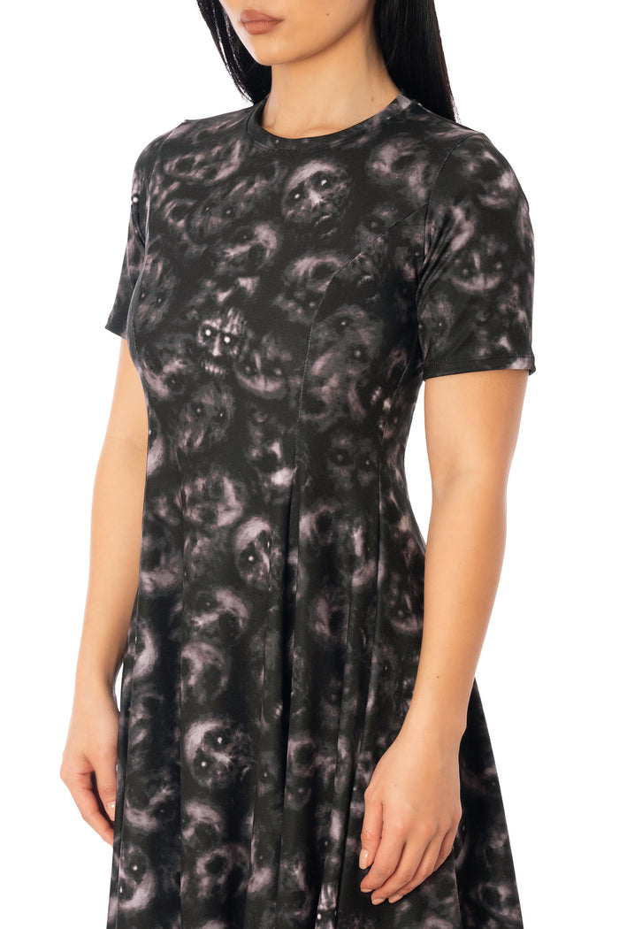 BlackMilk Horror Bound Longline Evil Tee Dress – black ghost and skull print longline Halloween tee dress, part of the BlackMilk Clothing Halloween collection