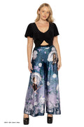 ACOTAR House of Archeron luxe palazzo pants, inspired by A Court of Thorns and Roses series by Sarah J Maas, featuring Feyre, Nesta and Elain artwork, floral and celestial details, high waisted fit and wide leg silhouette, fantasy outfit