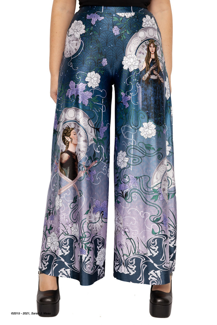 A Court of Thorns and Roses series House of Archeron pants, ACOTAR luxe palazzo pants by Sarah J Maas with character print, rose details and elasticated high waist, soft flowing wide leg style