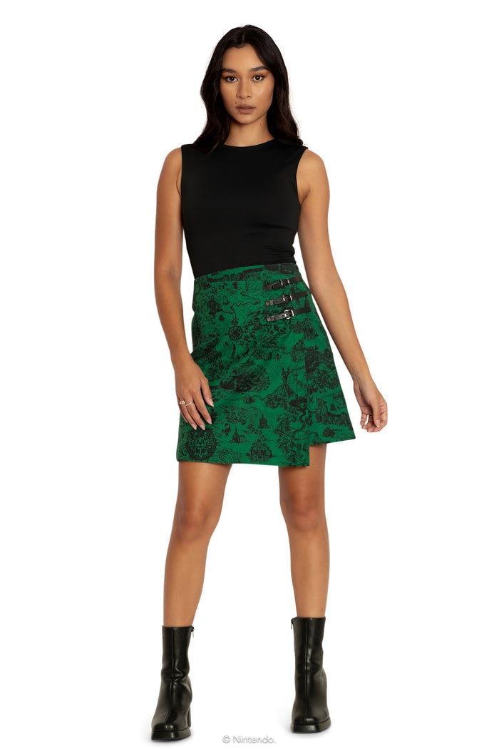 BlackMilk Clothing x Nintendo The Legend Of Zelda - Hyrule Map Green Buckle Wrap A Line Skirt - The Legend of Zelda Merchandise - Collaboration apparel - Licenced.