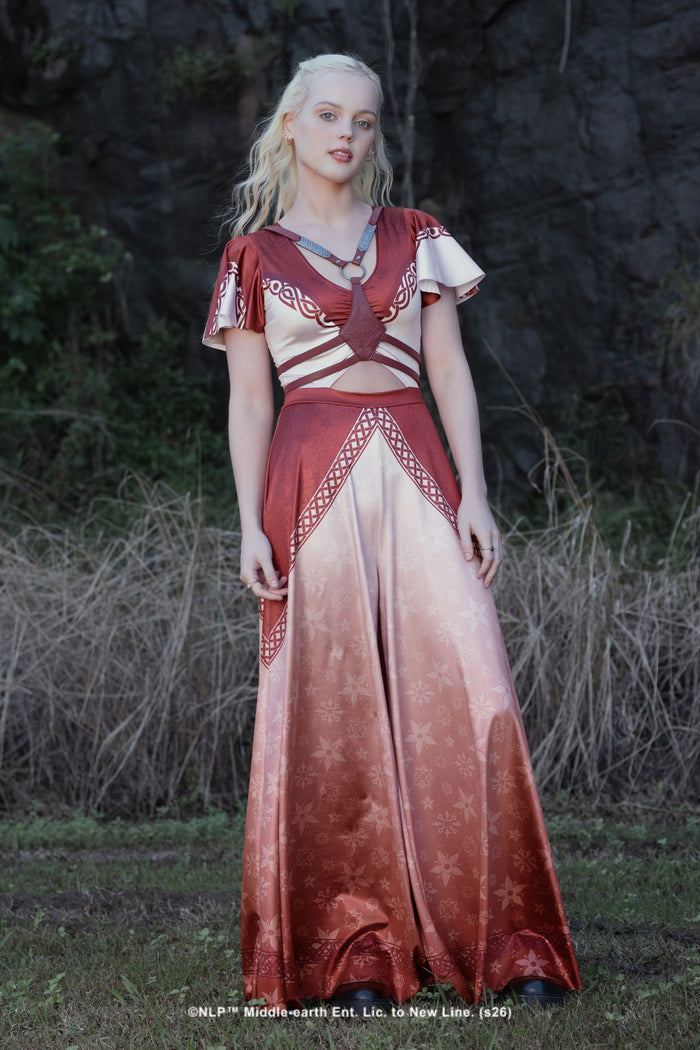 Close-up campaign shot of the I Am No Man Rio Jumpsuit by BlackMilk, showing the Celtic knot border print inspired by Éowyn and the Rohirrim.