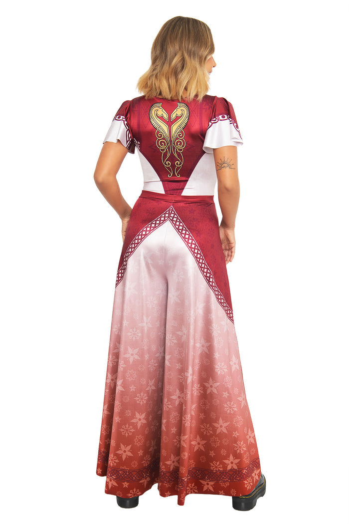 Back view of the BlackMilk Lord of the Rings I Am No Man Rio Jumpsuit, showing the flowing wide-leg silhouette in burgundy red.