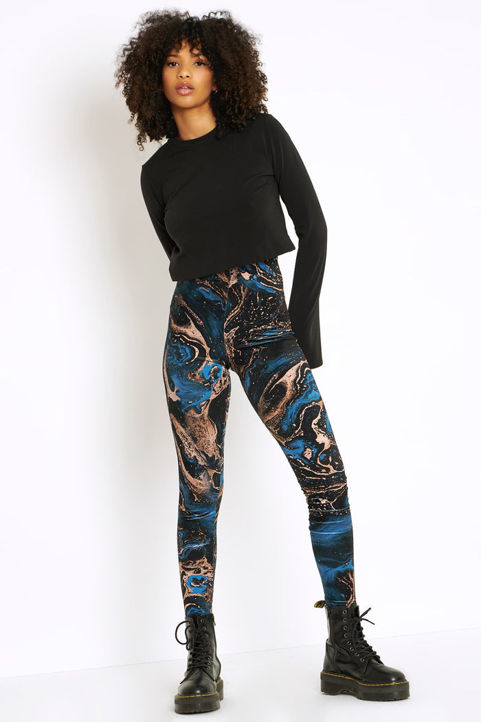 Velvet high waisted leggings with abstract mineral swirl print in blue, black and copper, I Bleed Minerals leggings from BlackMilk Clothing