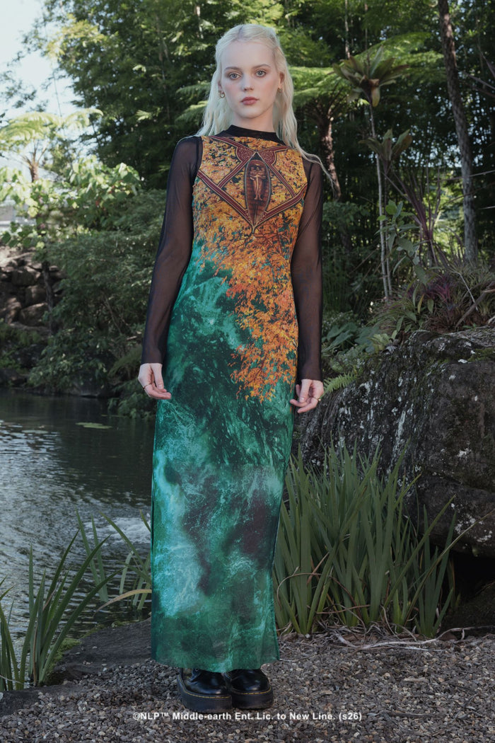 Lifestyle campaign photo of the BlackMilk Lord of the Rings I Would Have Followed You Maxi Dress, evoking one of the most emotional scenes in Middle-earth.
