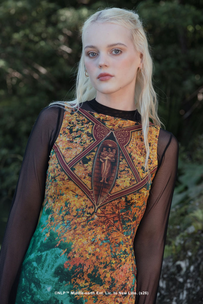 BlackMilk x The Lord of the Rings I Would Have Followed You Column Maxi Dress, featuring golden autumn leaves fading into teal water, inspired by Boromir's funeral boat scene in Middle-earth.