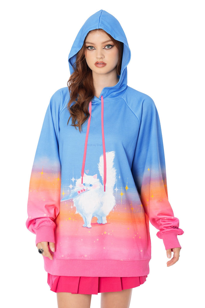Detail of printed sleeve logo on Lora Zombie print pink oversized hoodie - BlackMilk wearable art clothing