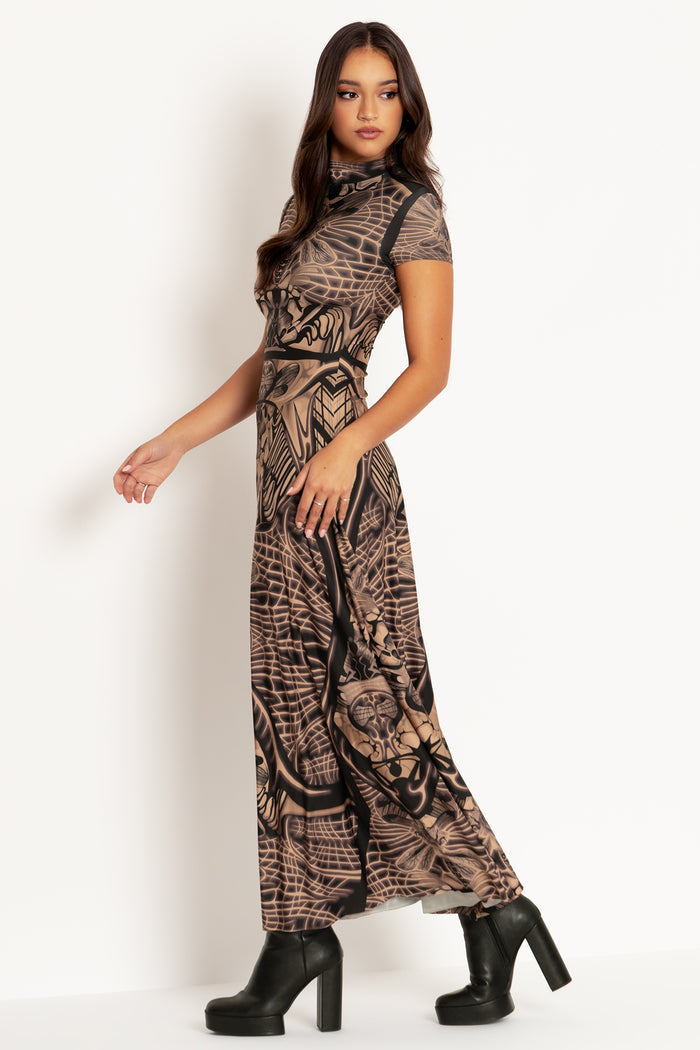 Insect Goddess High Neck Cap Sleeve Maxi Dress
