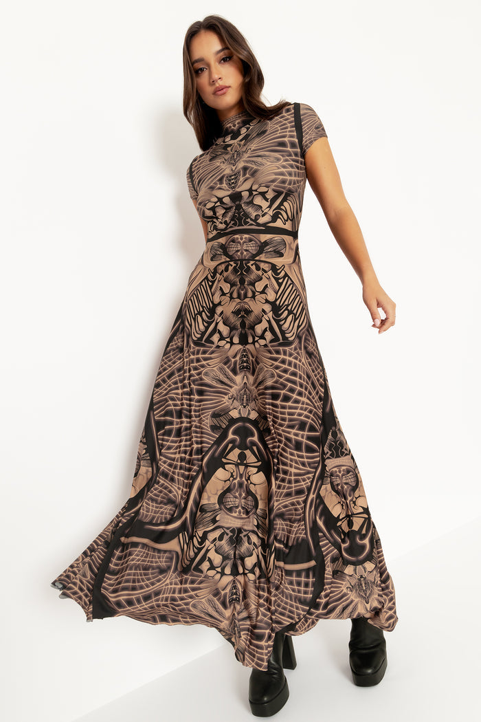 Insect Goddess High Neck Cap Sleeve Maxi Dress