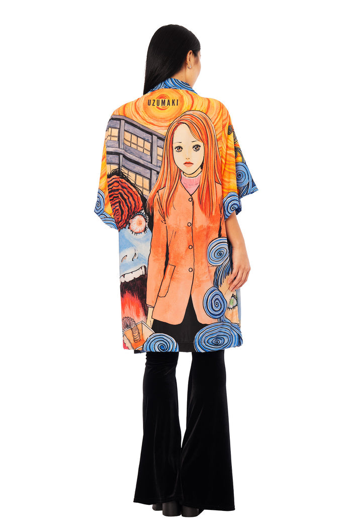 Uzumaki Into Madness robe from the Junji Ito x BlackMilk collection, full print anime inspired robe with Kirie Goshima and spiral artwork front and back.