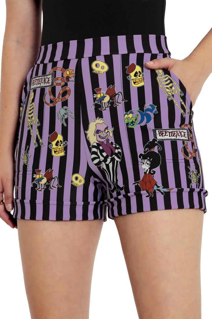 BlackMilk Clothing x Warner Brothers Beetlejuice - It's Showtime Cuffed Shorts- Warner Bros. Merchandise - Collaboration apparel - Licenced.
