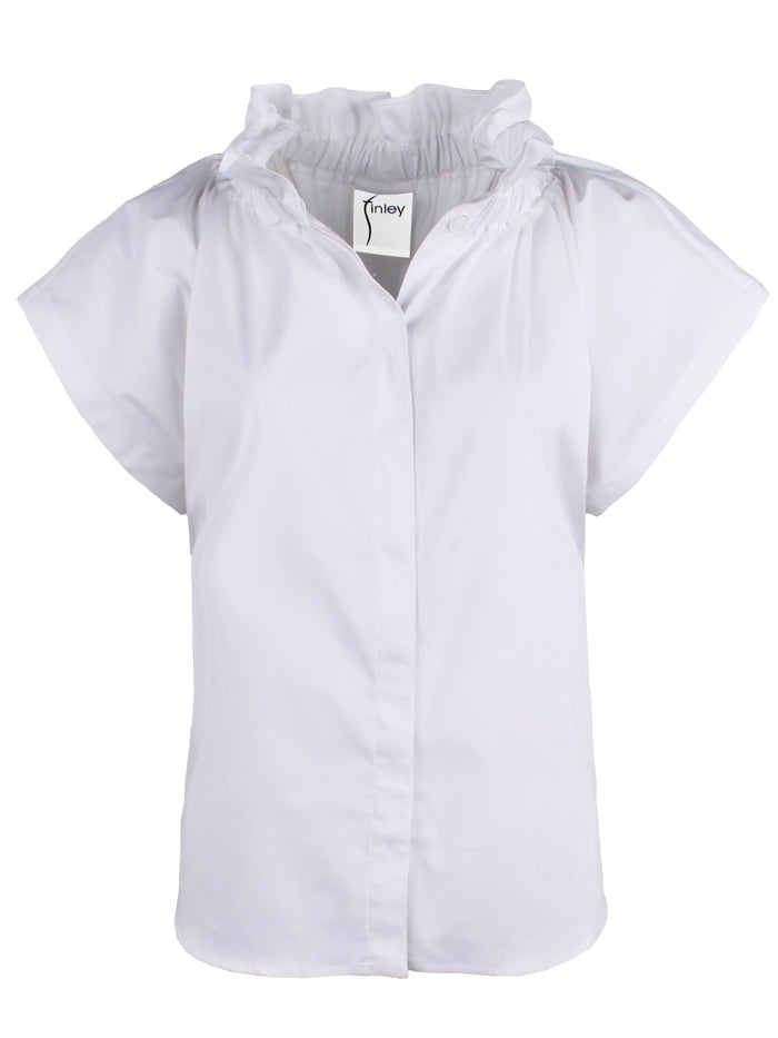 A front view of the Jenny shirt in navy, styled with a relaxed fit and classic stand collar.