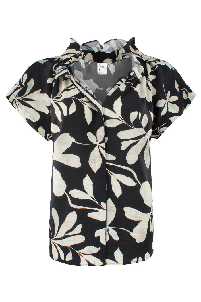 Black and white floral patterned blouse on a white background