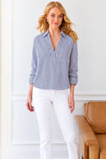 Joni Long Sleeve Poplin Popover Blouse, Blue & White Menswear Stripe
