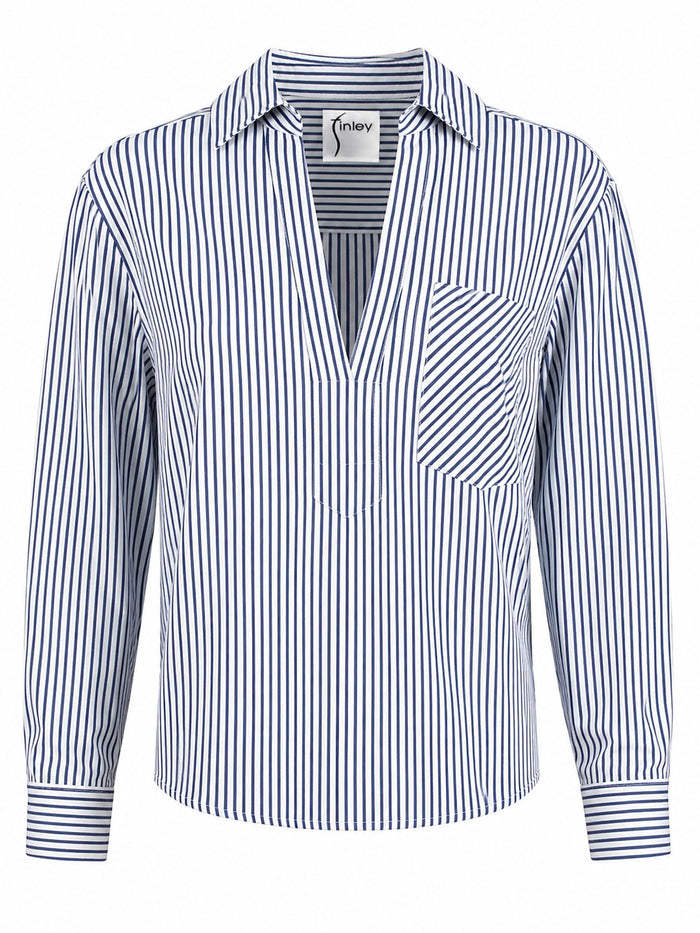 Joni Long Sleeve Poplin Popover Blouse, Blue & White Menswear Stripe