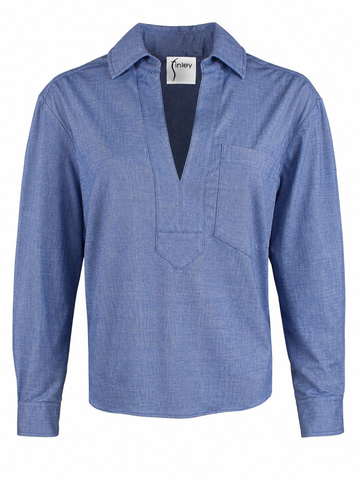 Blue long-sleeve shirt with a collar on a white background