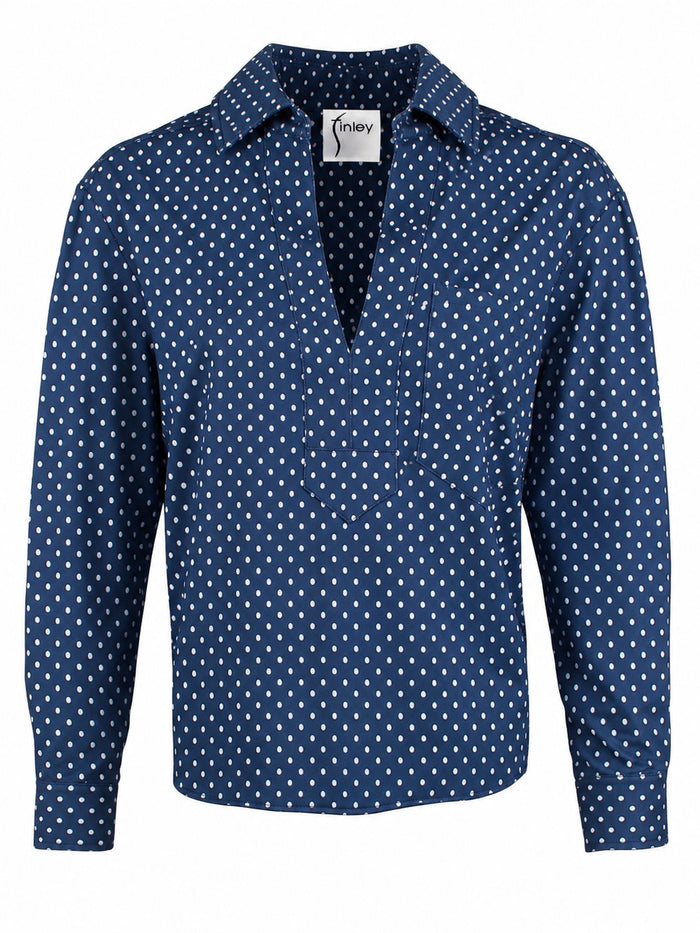 Joni Long Sleeve Popover Blouse, Navy/White Polka Dot