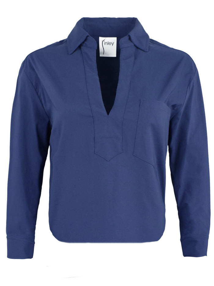 Front view of Finley Joni navy poplin blouse: V neckline, spread collar, long sleeves with button cuffs, shirttail hem.