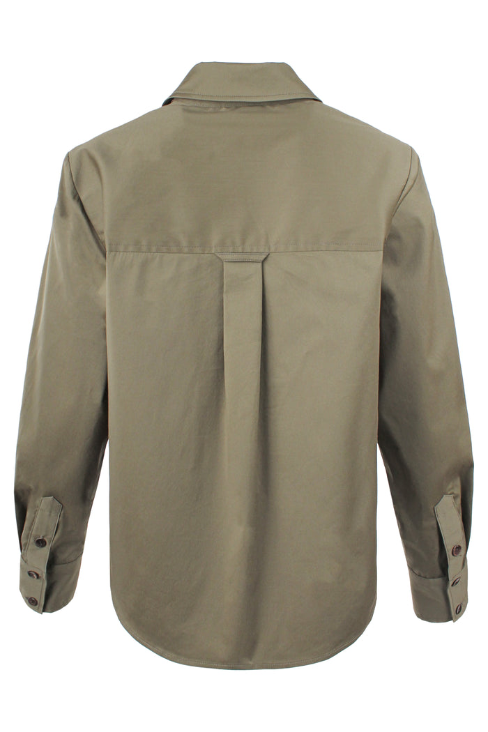 Rear view of the Finley Joni, a relaxed fit long sleeve olive green v-neck popover women's blouse