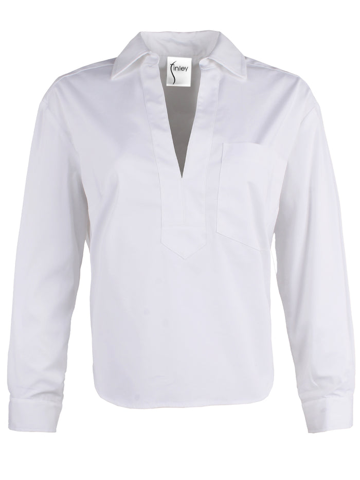 Front view of Finley Joni poplin blouse: V neckline, spread collar, long sleeves with button cuffs, shirttail hem.