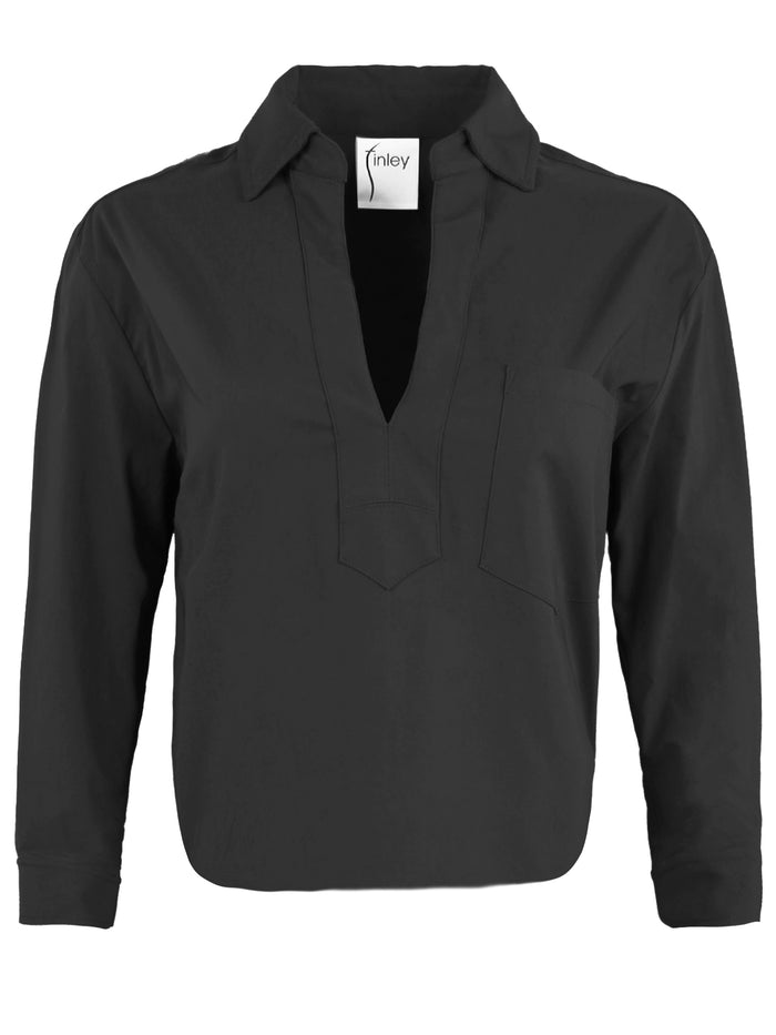 Front view of Finley Joni poplin blouse: V neckline, spread collar, long sleeves with button cuffs, shirttail hem.