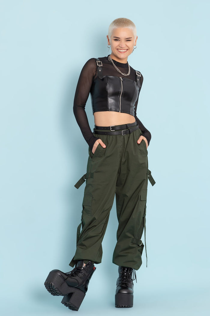 BlackMilk Clothing - Jungle Green Strappy Comfy Cargo Pants - Dead of Night Buckle Shoulder Crop