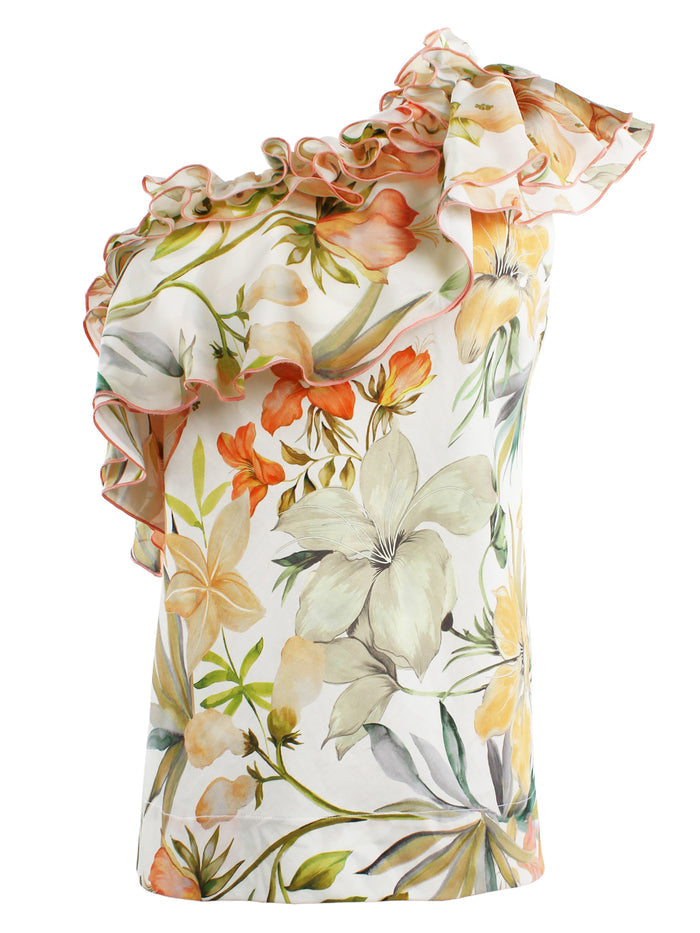 Front view: Kate one-shoulder top in floral print with ruffle trim at the neckline. Relaxed shape.