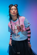 Pastel cropped baby tee featuring Kirie Goshima from Junji Ito's Uzumaki with front and back spiral-inspired artwork, soft cotton-rich fabric and official licensed branding.