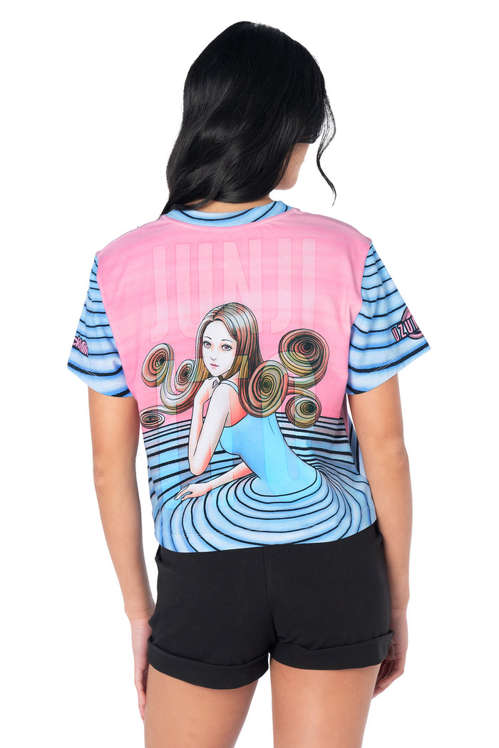 Pastel anime baby tee inspired by Junji Ito's Uzumaki, featuring Kirie Goshima artwork, soft cotton-rich fabric, cropped fit and striking front and back graphics.