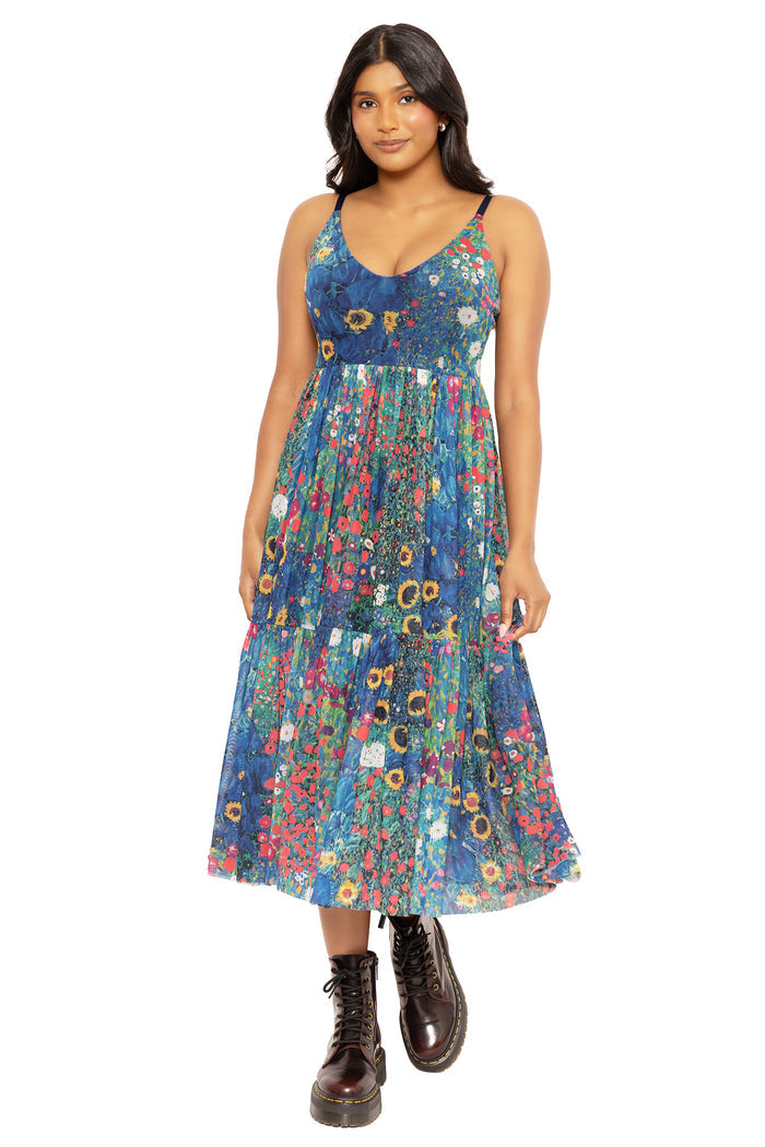 Women's midaxi dress featuring a Klimt collage print and sheer details, perfect for creative wardrobes, special occasions and standout day-to-night styling.