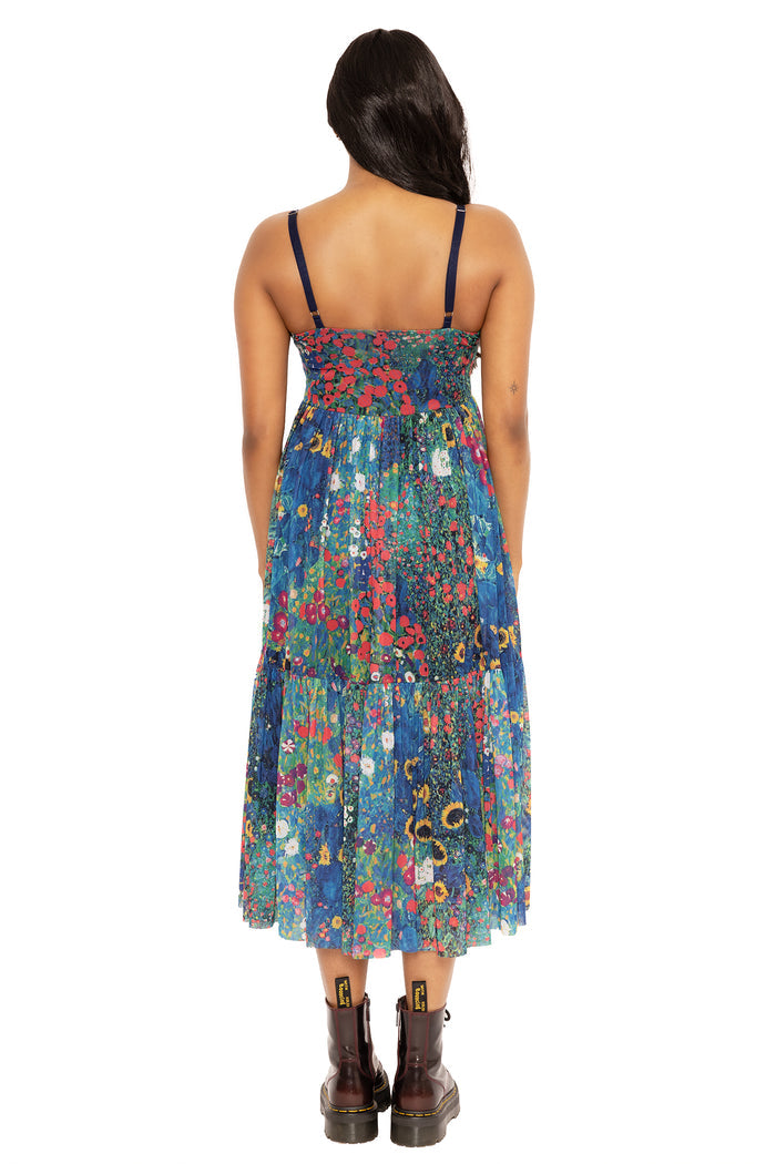 Art-inspired sheer midaxi dress with flattering silhouette, designed for comfortable wear across events, celebrations, holidays and elevated everyday fashion.