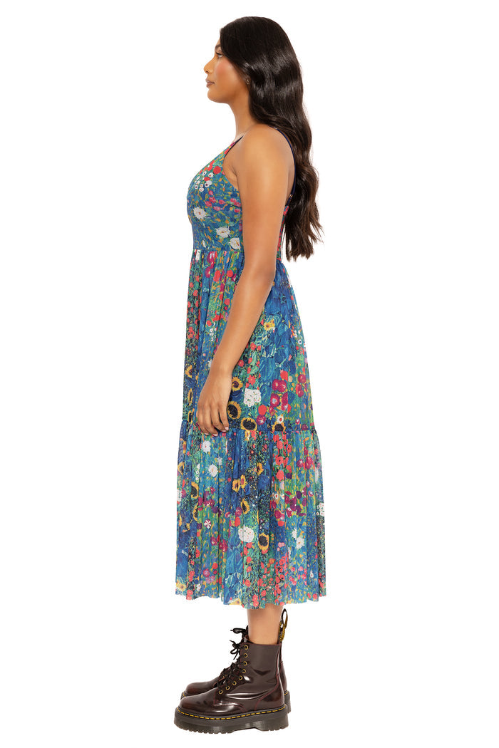 Klimt print mesh midaxi dress with elegant drape and artistic design, ideal for occasion wear, gallery fashion, dinner dates and statement styling.