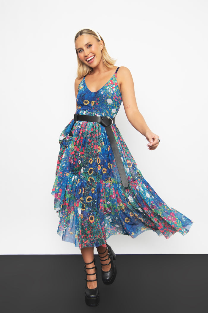 Klimt Collage Sheer Midaxi Dress 2.0 featuring an artistic collage print, sheer mesh details and flattering midaxi silhouette, perfect for special occasions, creative fashion and elevated everyday wear.