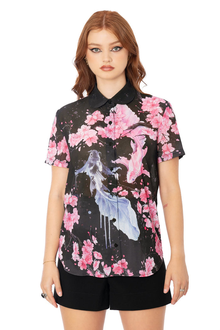 BlackMilk black lightweight button-up shirt featuring Lora Zombie koi design - wearable art fashion