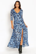 Koi Pond Blue 3/4 Sleeve Split Maxi Dress