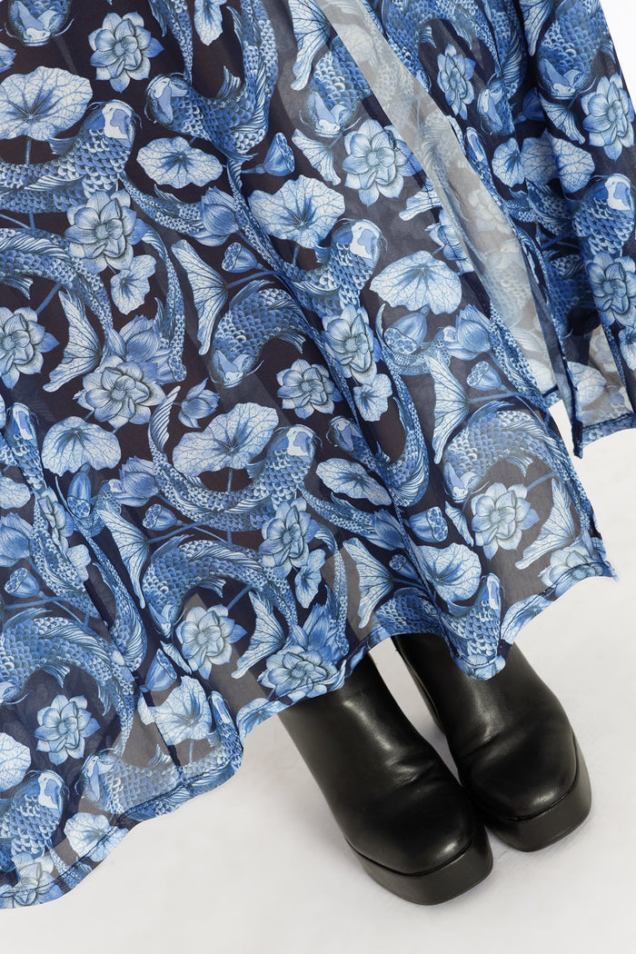 Koi Pond Blue 3/4 Sleeve Split Maxi Dress