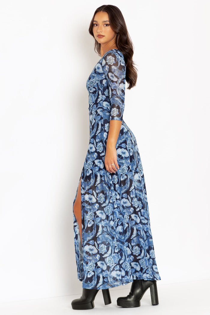 Koi Pond Blue 3/4 Sleeve Split Maxi Dress