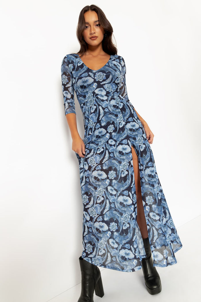 Koi Pond Blue 3/4 Sleeve Split Maxi Dress